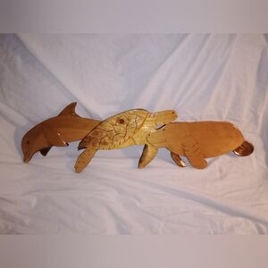 Florida Folk Art Dolphin Sea Turtle Manatee Wood Carving Wall Decor Nautical